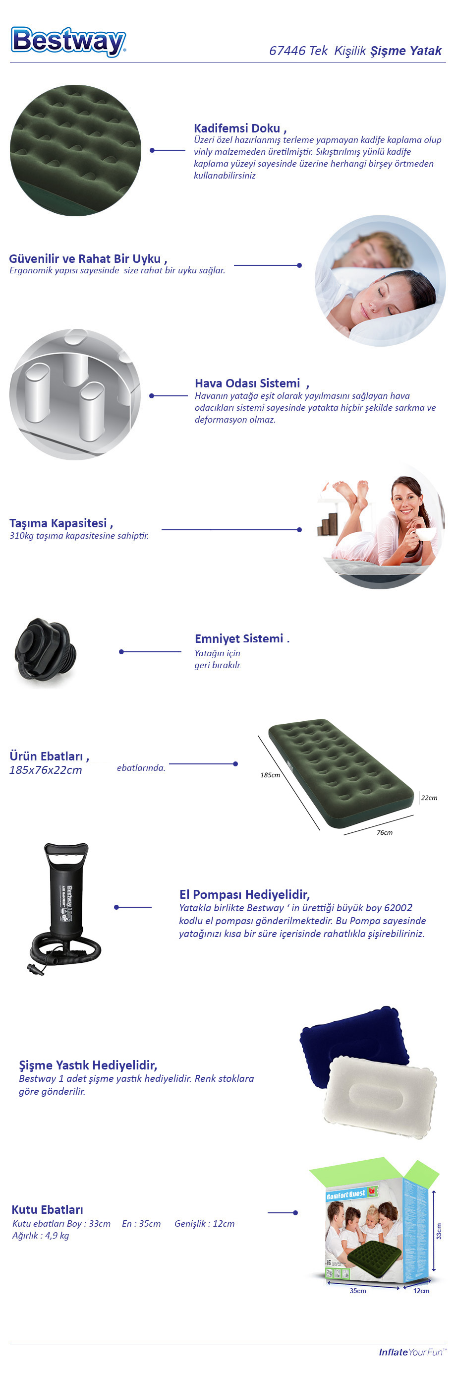 Tek Kişilik Şişme Yatak 67446 + 67121 +62002 BW114 <p>185 cm x 76 cm x 22 cm</p>